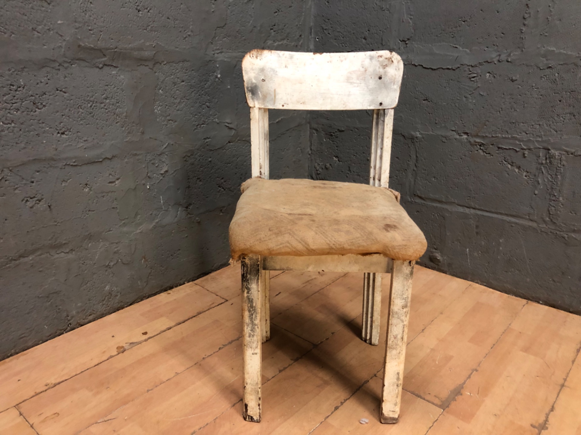 Single Vintage Wooden Chair — Paint-worn, Graffiti Backrest, Needs Reupholstery