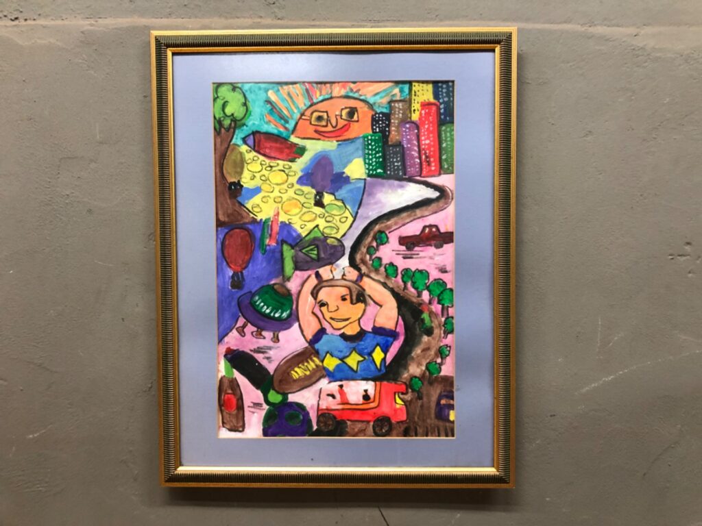 Framed original hand‑painted colourful paper artwork — glazed, decorative gilt frame, 55 x 70 cm (outer)