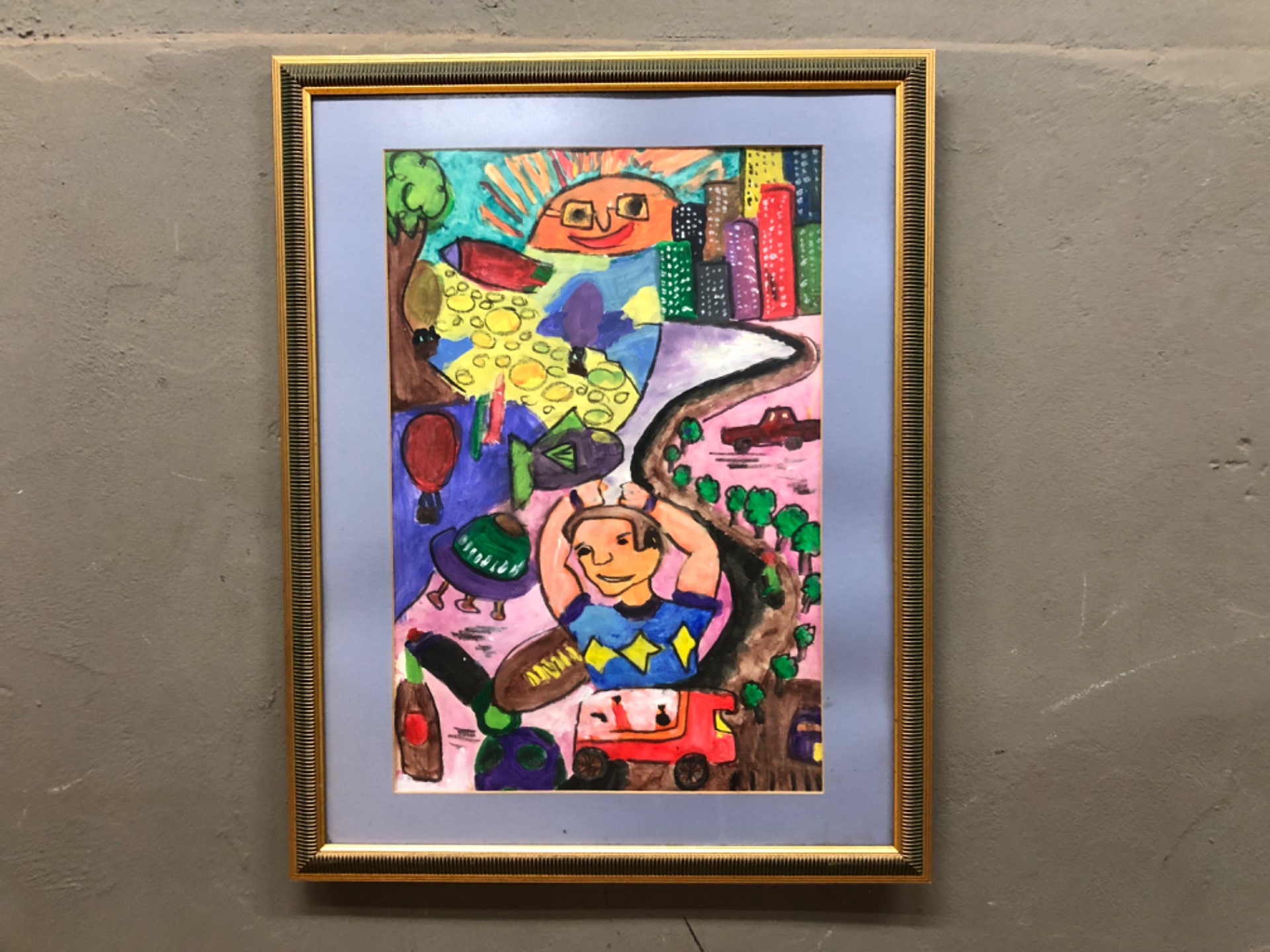 Framed original hand‑painted colourful paper artwork — glazed, decorative gilt frame, 55 x 70 cm (outer)