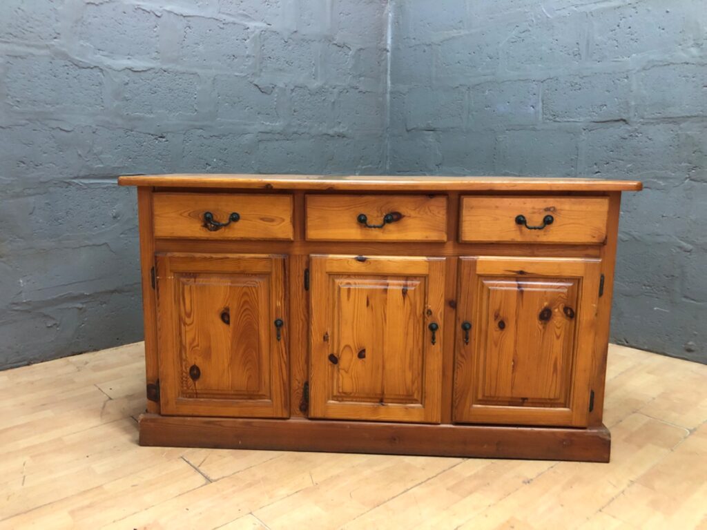 Solid pine 3-drawer 3-door sideboard / buffet — original metal handles, good used condition