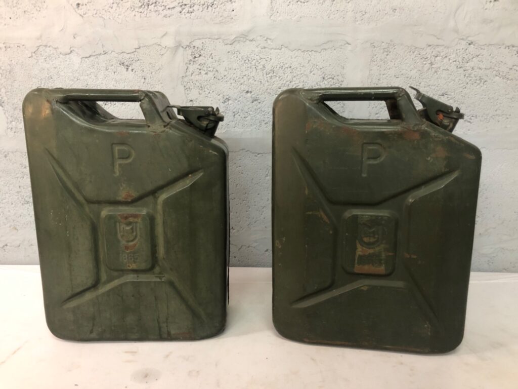 Pair of Military‑style Metal Jerry Cans — 25 L each (2) — Used, Surface Rust, Caps Missing