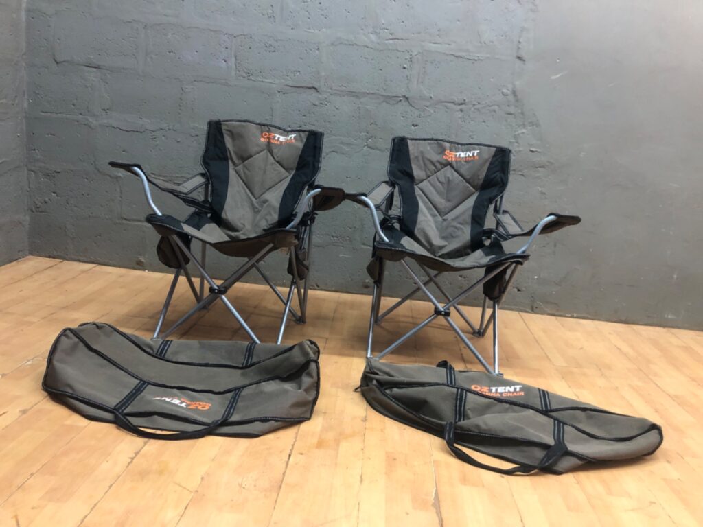 Pair of OzTENT Goanna Folding Camping Chairs with Carry Bags — used, folds OK