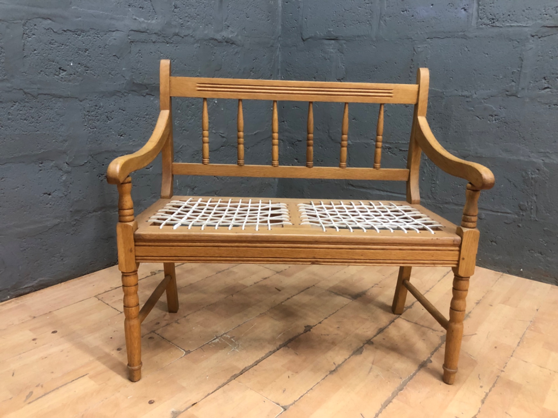 Solid Wooden Two‑Seat Bench with Woven Webbing Seat — Stable, Good Structural Condition