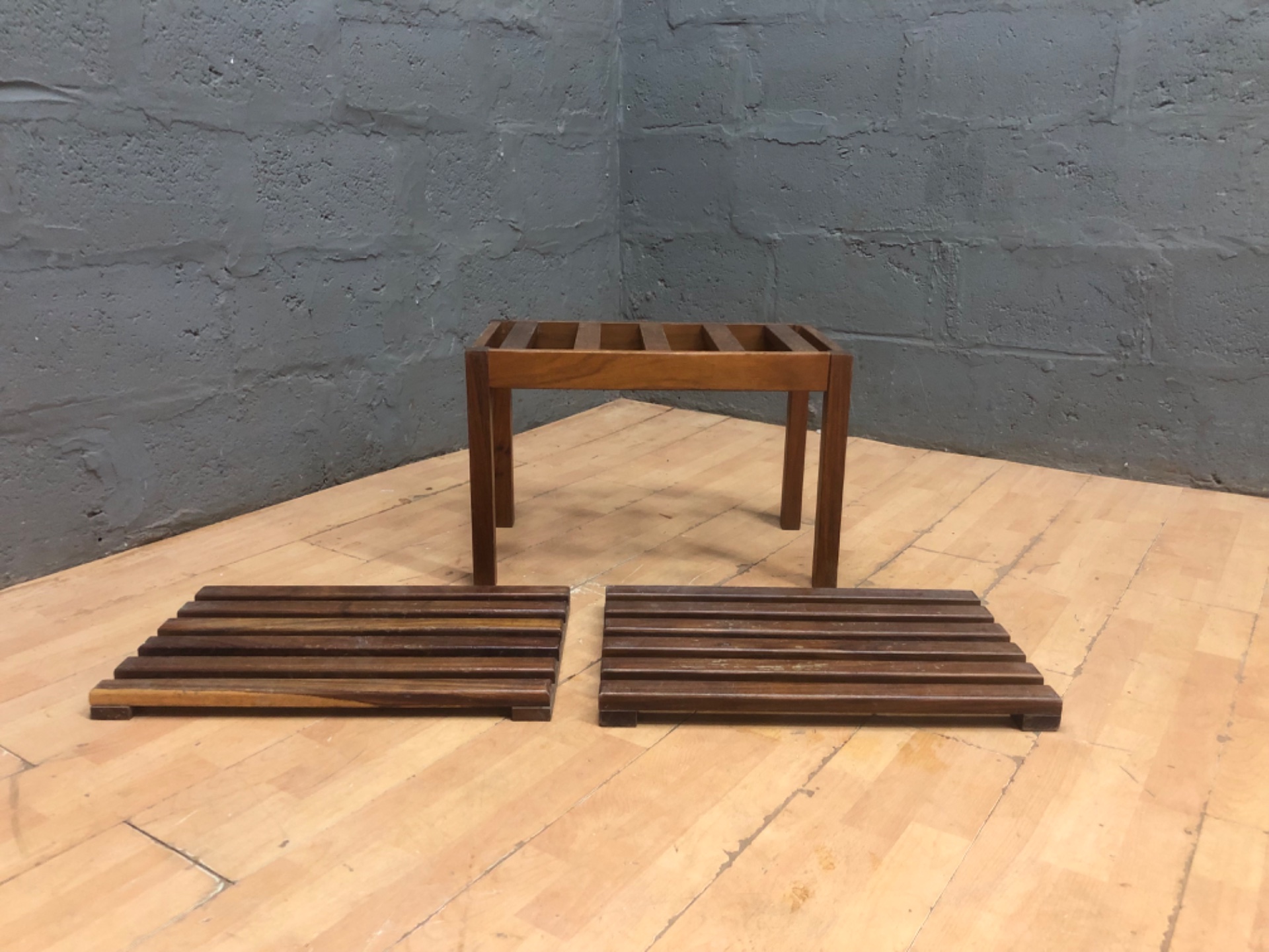 Wooden slatted stool frame with 3 removable slatted tops — used, surface wear