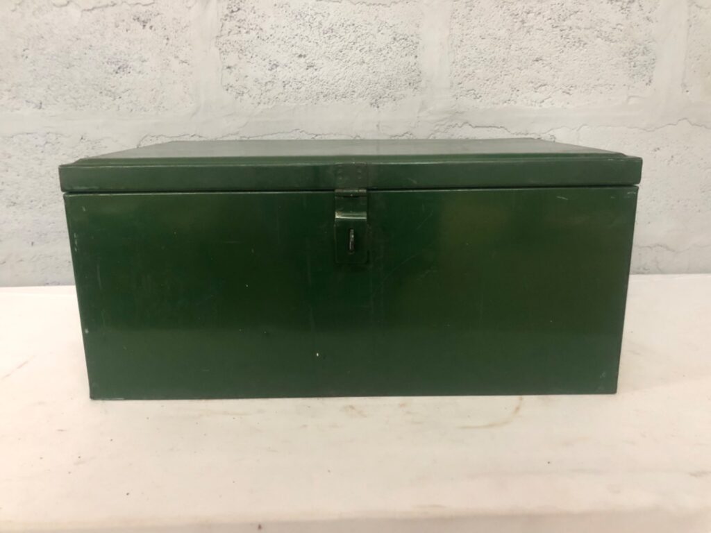 Green Metal Toolbox / Storage Chest — Hinged Lid, Side Handles, Has Hasp (No Lock)
