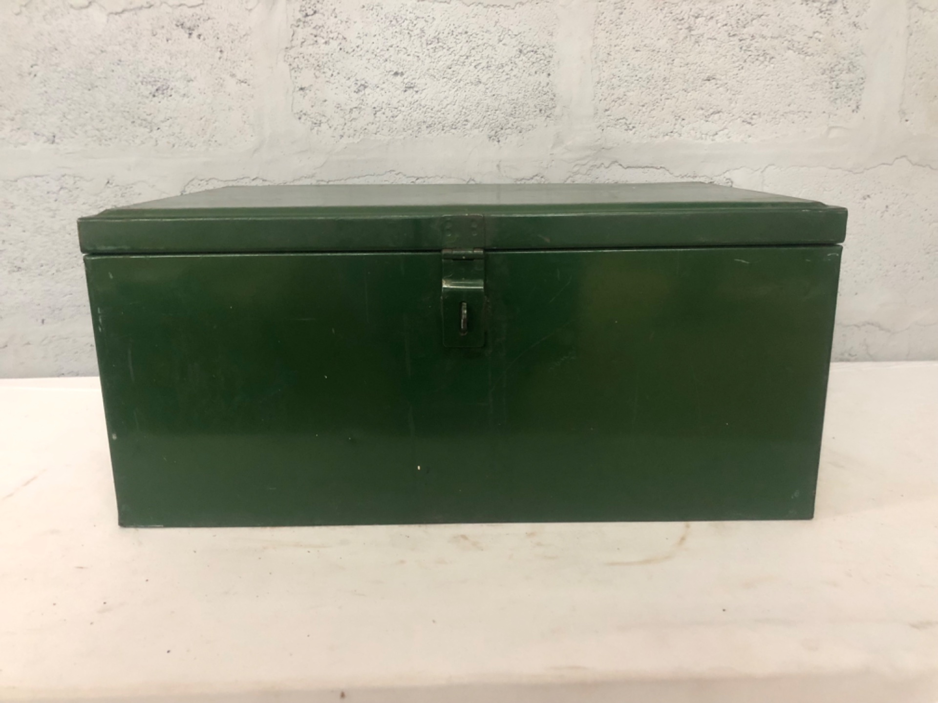 Green Metal Toolbox / Storage Chest — Hinged Lid, Side Handles, Has Hasp (No Lock)