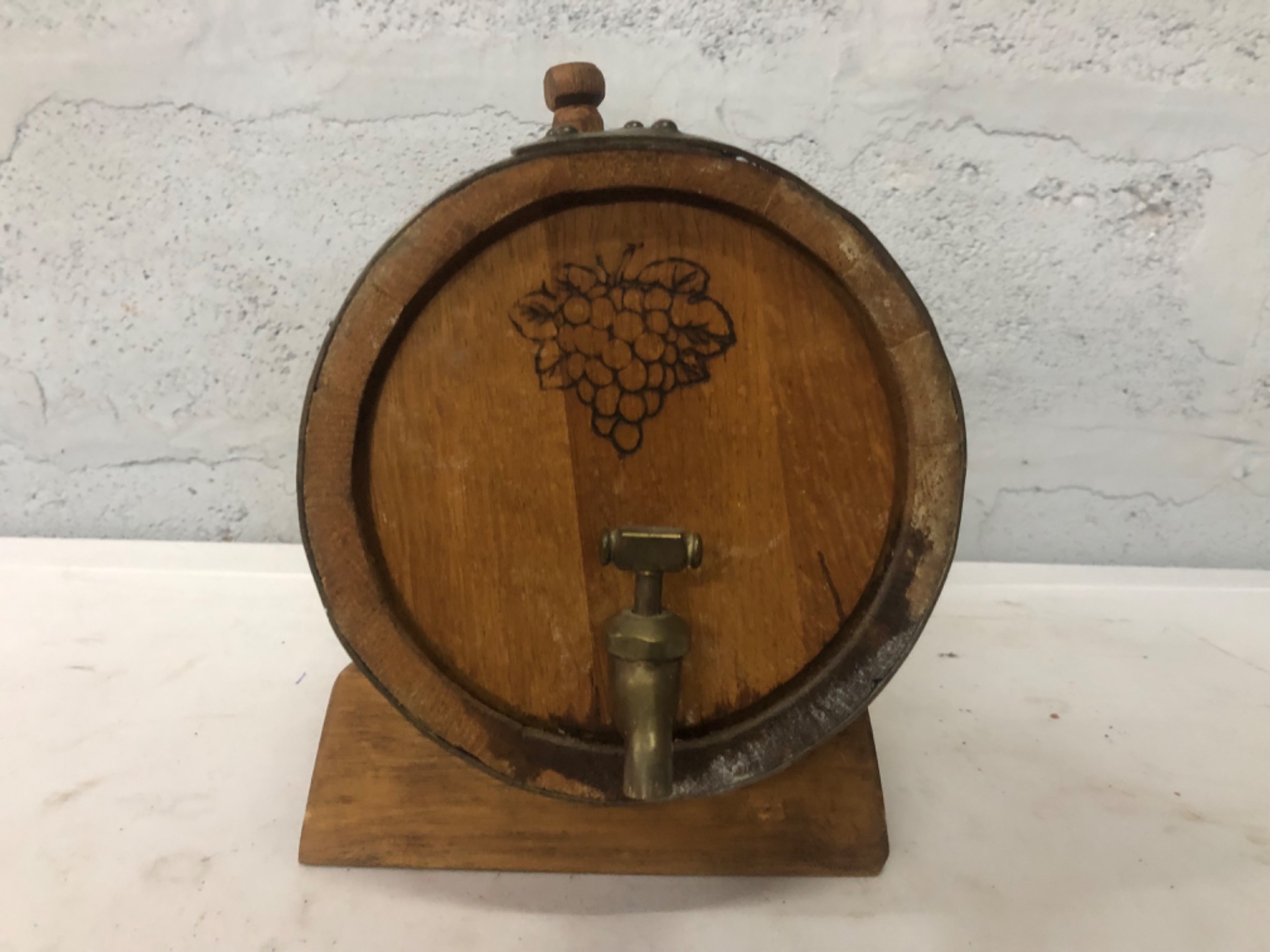 Small Wooden Barrel on Stand with Brass Tap — decorative tabletop cask, tested tap