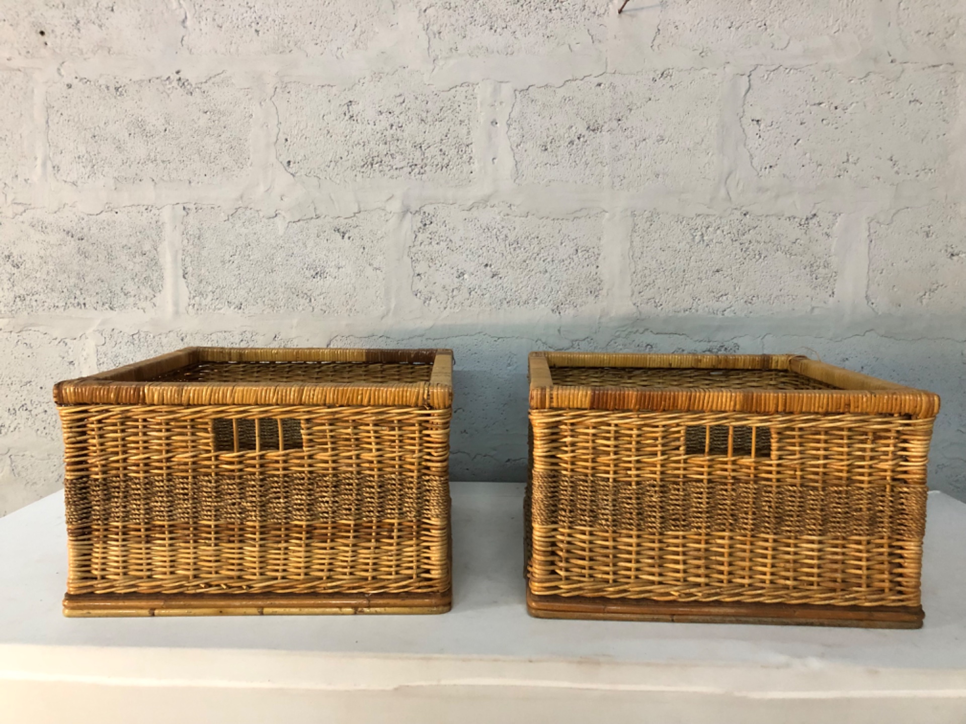 Pair of Wicker/Rattan Storage Baskets — 50 x 50 x 30 cm each, used with fraying