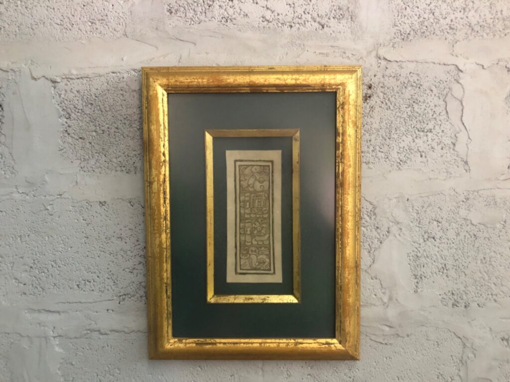 Glazed framed print in worn gilt frame — 43 x 59 cm