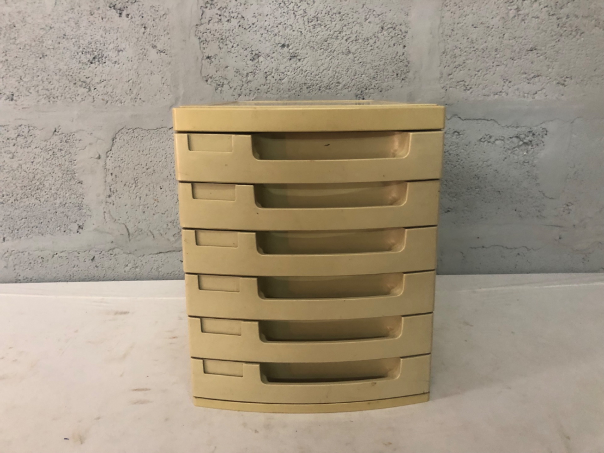 Plastic Desktop Storage Unit — 6-Drawer Stackable Organiser (Used, yellowed)