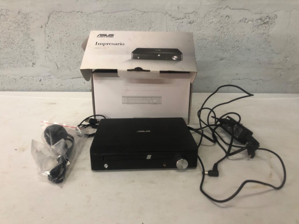 ASUS Impresario SDRW‑S1 LITE external optical drive — boxed, power adapter, USB cable, tested working