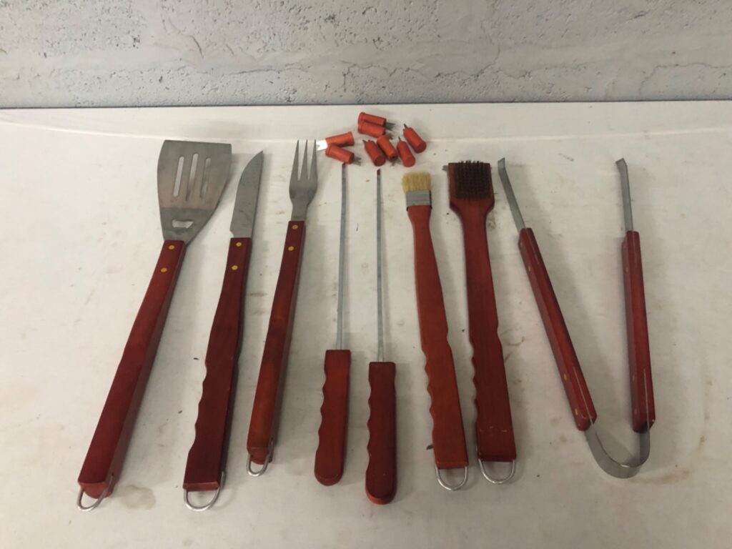 16-piece Wooden‑Handled BBQ Utensil Set with Orange Corn Holders — Used, Surface Wear