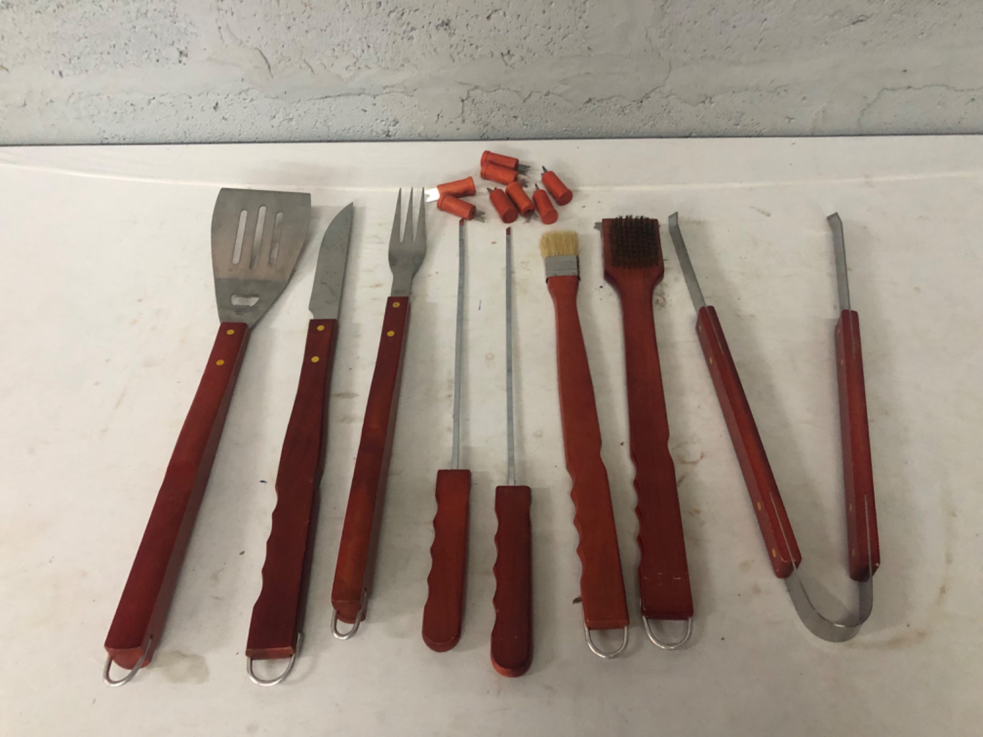 16-piece Wooden‑Handled BBQ Utensil Set with Orange Corn Holders — Used, Surface Wear