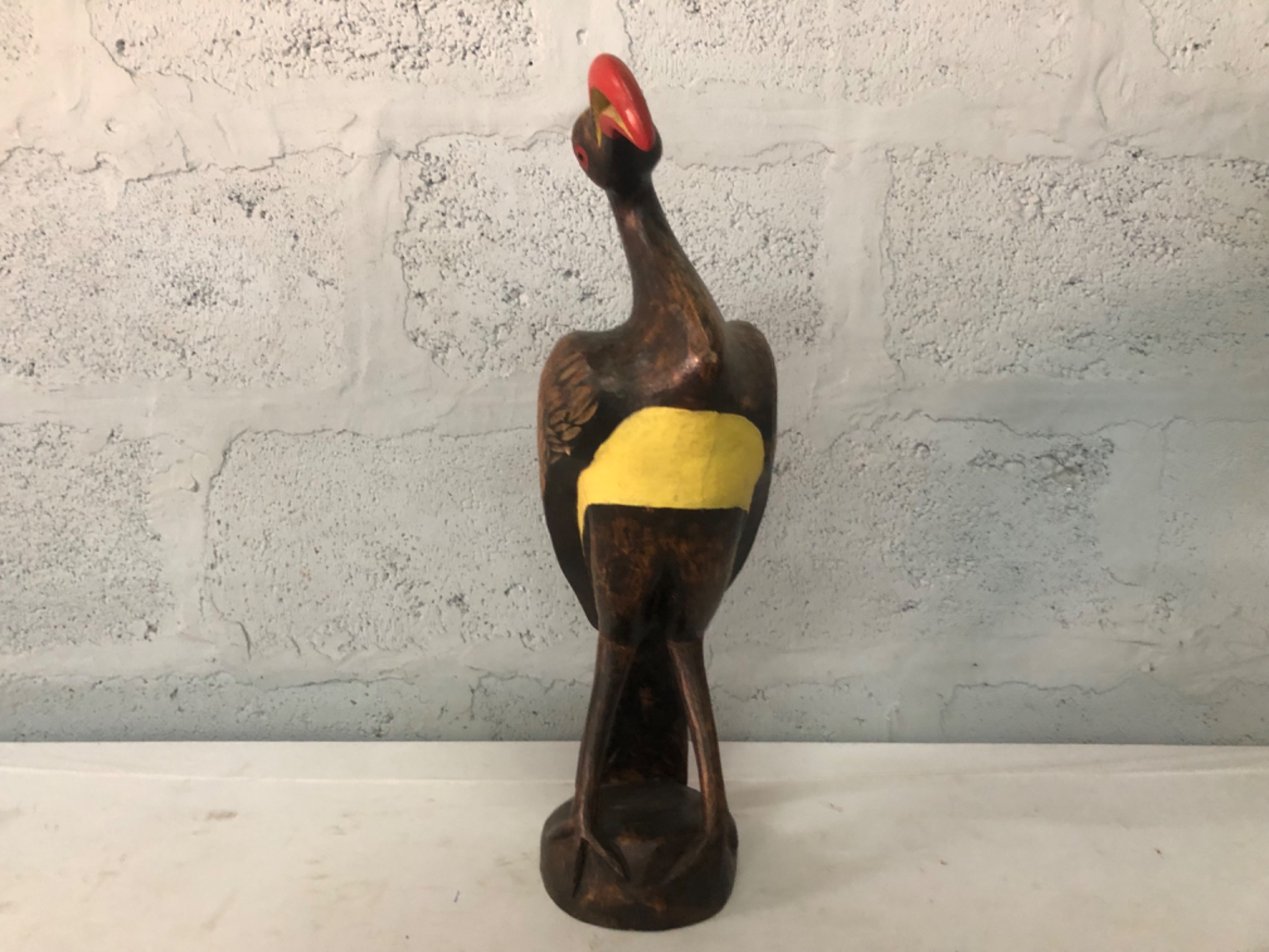 Carved Wooden Bird Sculpture — Painted Red Beak & Yellow Chest, Split Base