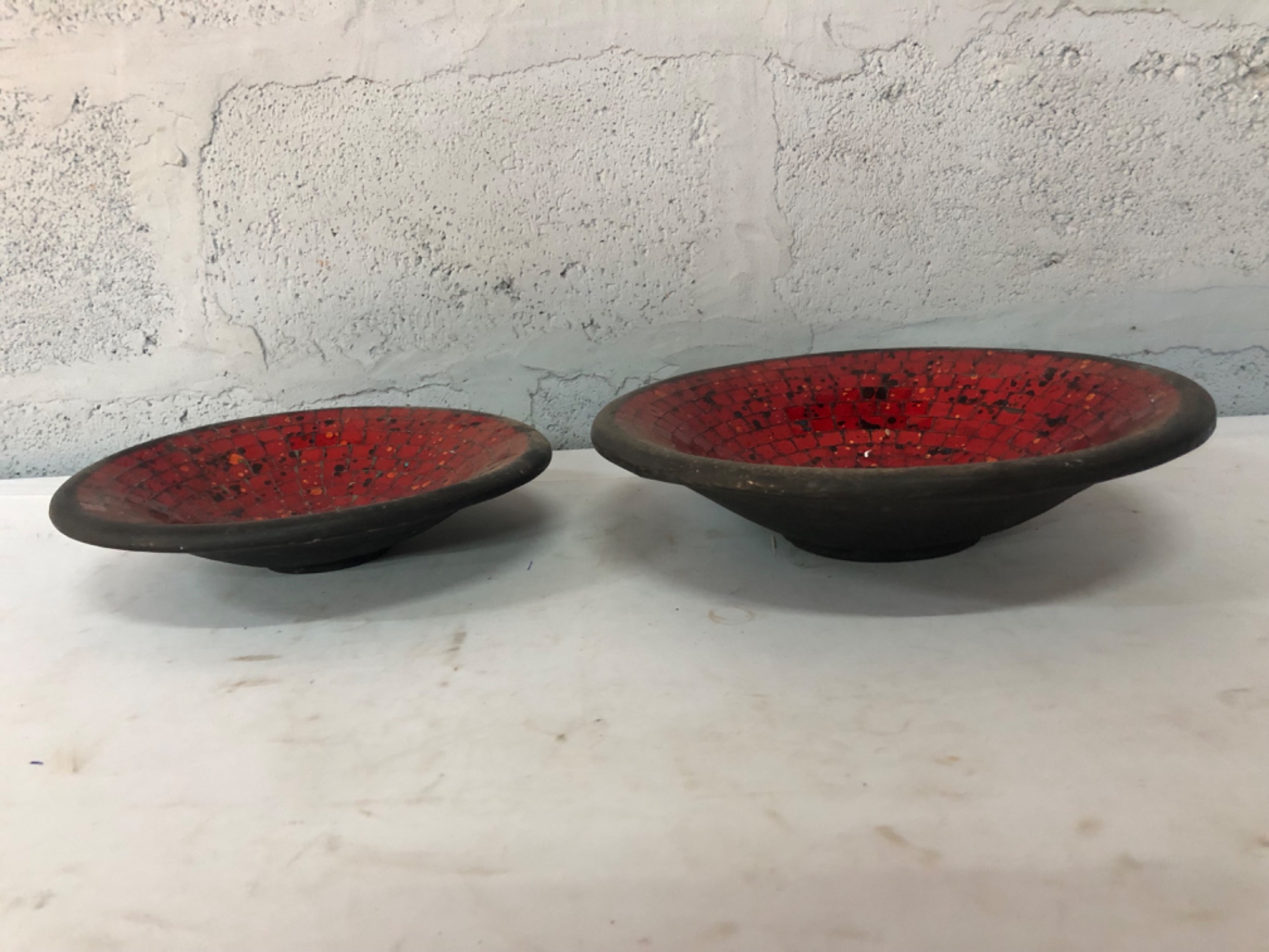 Pair of Shallow Red Mosaic Glass Interior Decorative Bowls (36 cm & 29 cm) — Sealed, Food-Safe