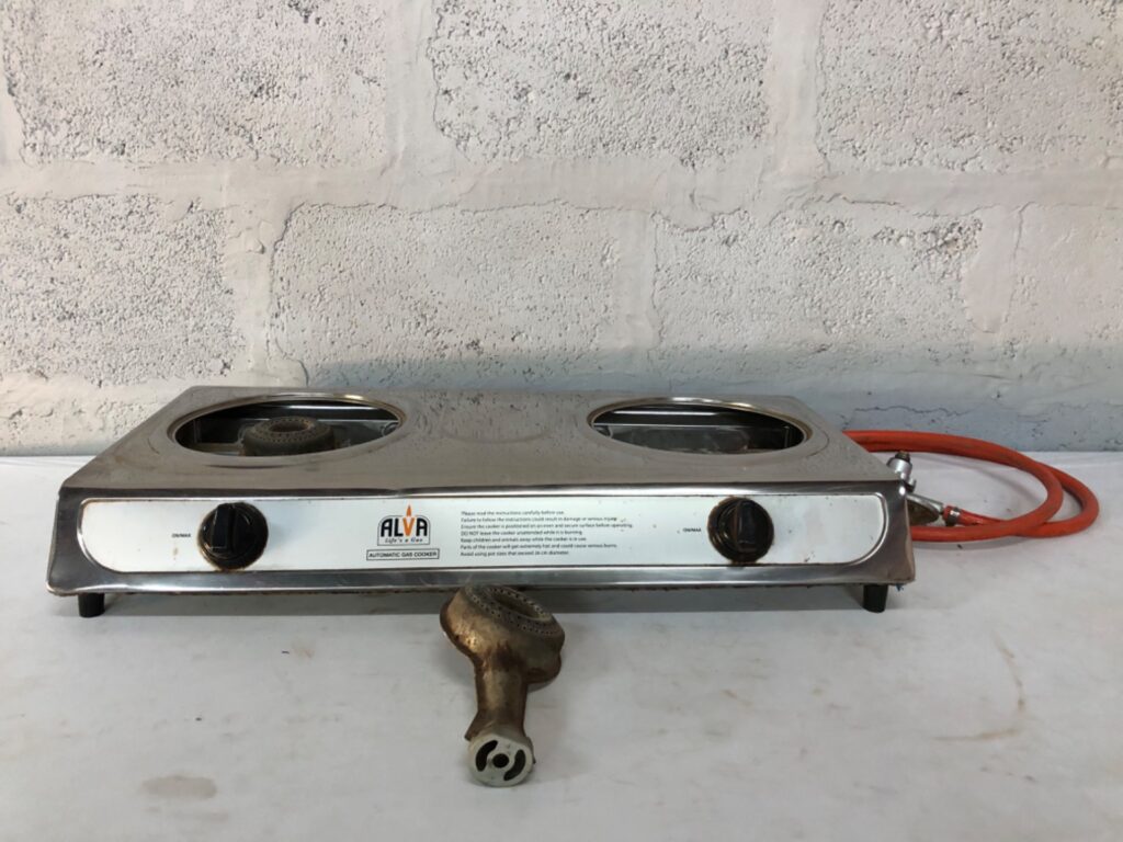 ALVA 2‑Burner Portable Gas Cooker (stainless) — hose & regulator included, one burner damaged