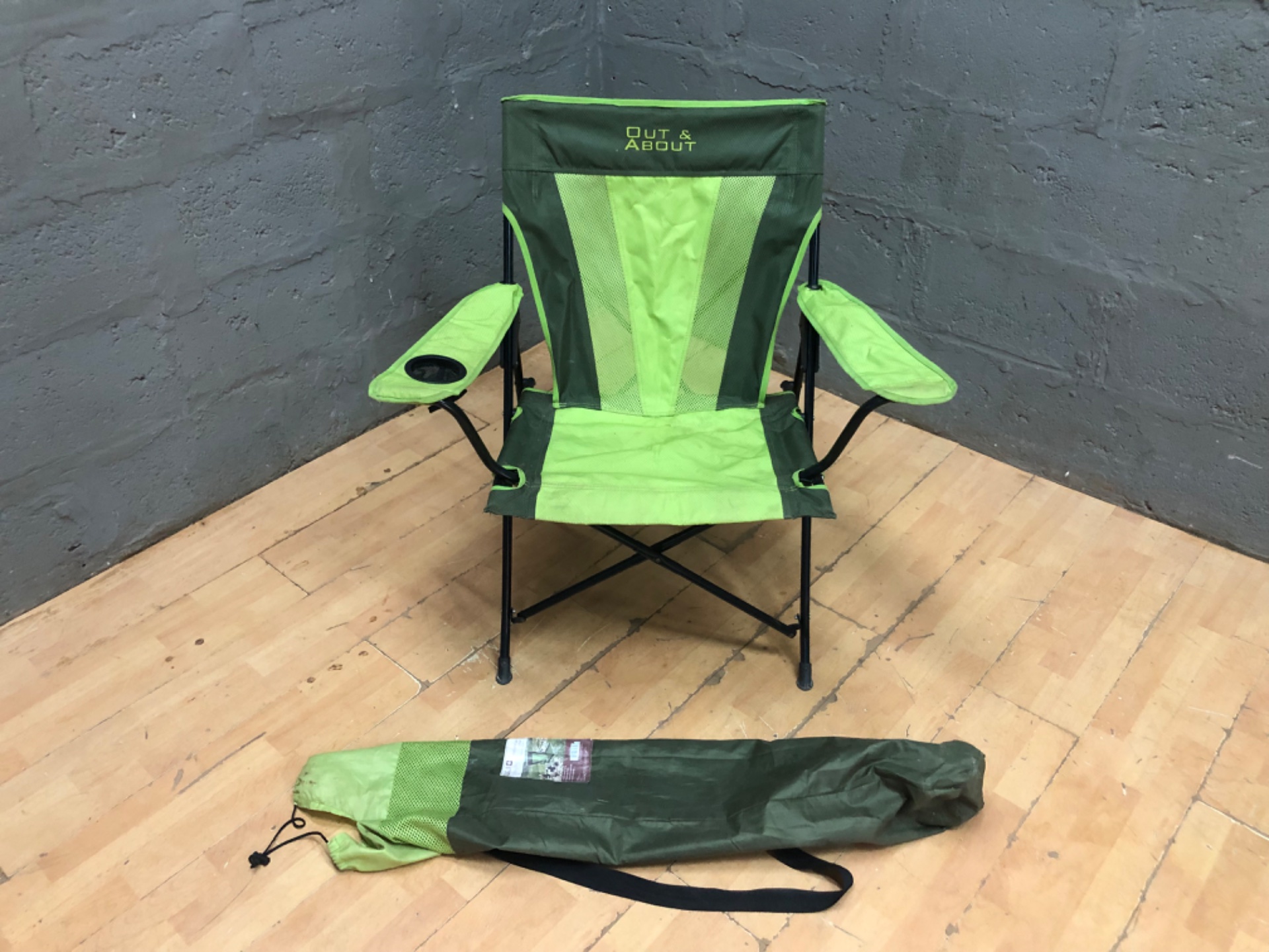 Out & About Green Folding Camping Chair with Carry Bag & Cup Holder – Used, Tested
