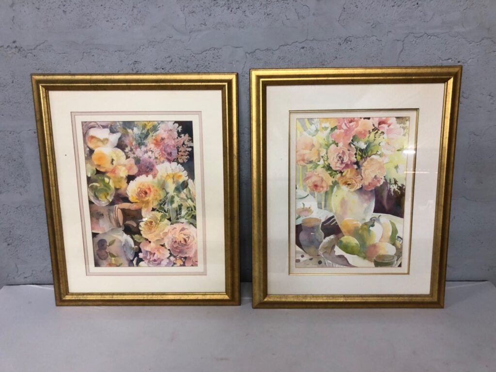 Pair of Framed Floral Watercolour-Style Works in Gold Gilt Frames — 64 x 78 cm (each)