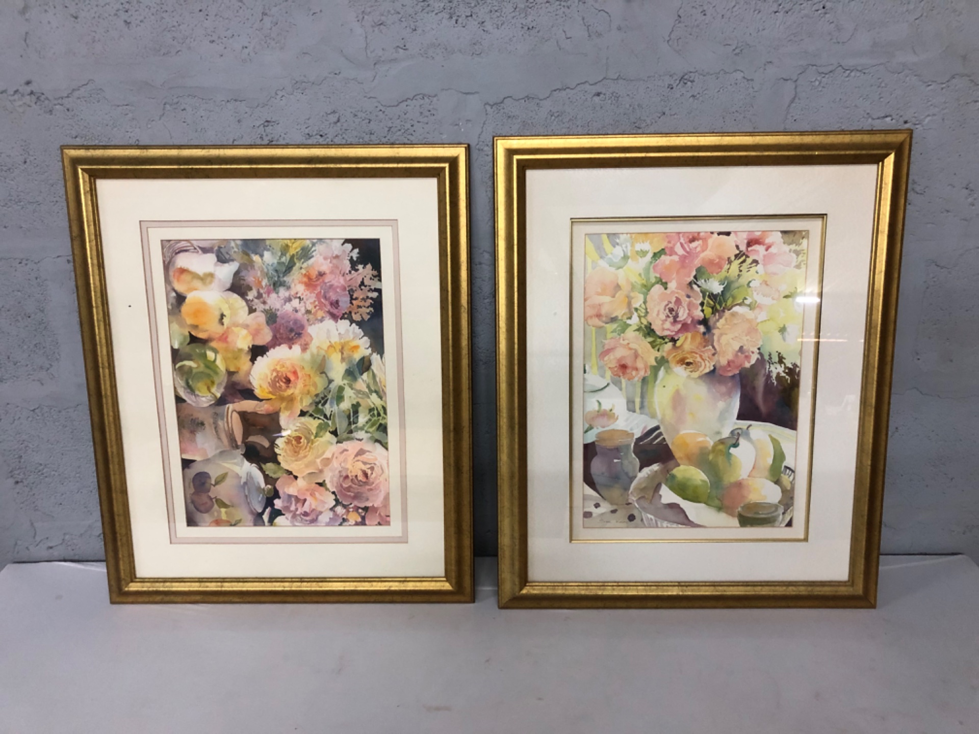 Pair of Framed Floral Watercolour-Style Works in Gold Gilt Frames — 64 x 78 cm (each)