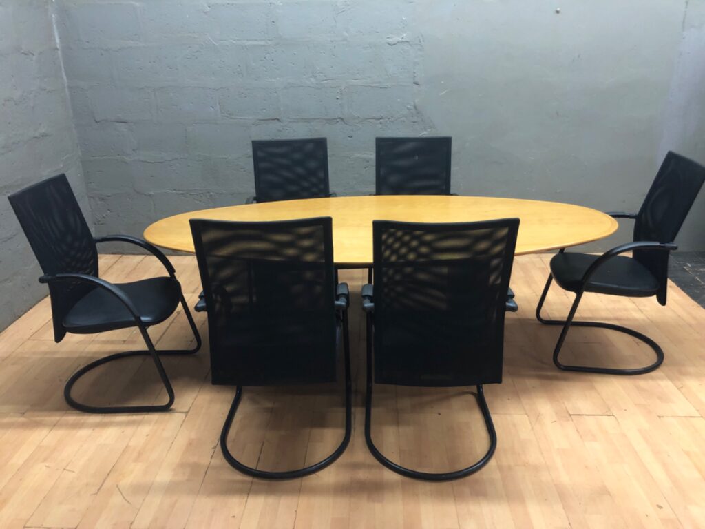 Oval Conference Table + 6 Mesh Cantilever Chairs — 240 x 120 x 73 cm