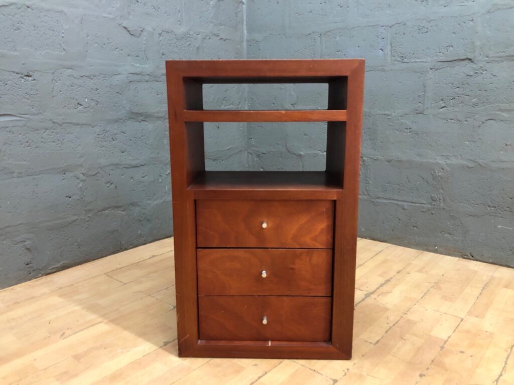 Compact wooden bedside / storage unit with 2 open shelves and 4 drawers — 100 x 40 x 60 cm