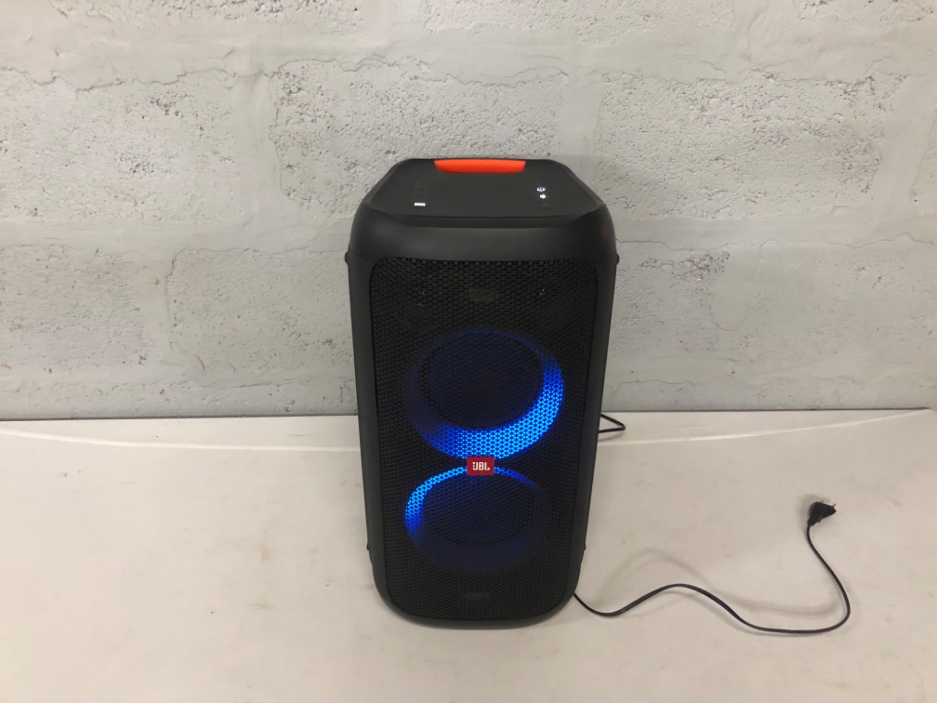 JBL PartyBox 100 portable party speaker — LED rings, mic/guitar inputs, original mains lead