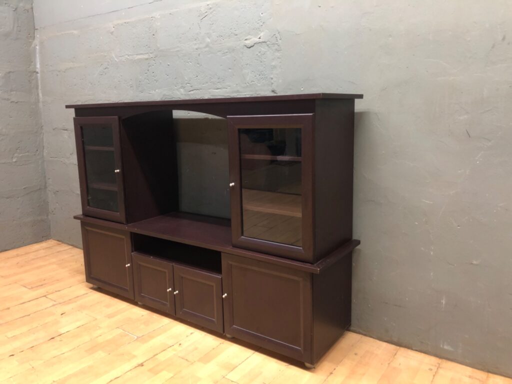 Two-piece Entertainment Unit / TV Cabinet — Top Hutch + Base, Glass Doors, Used
