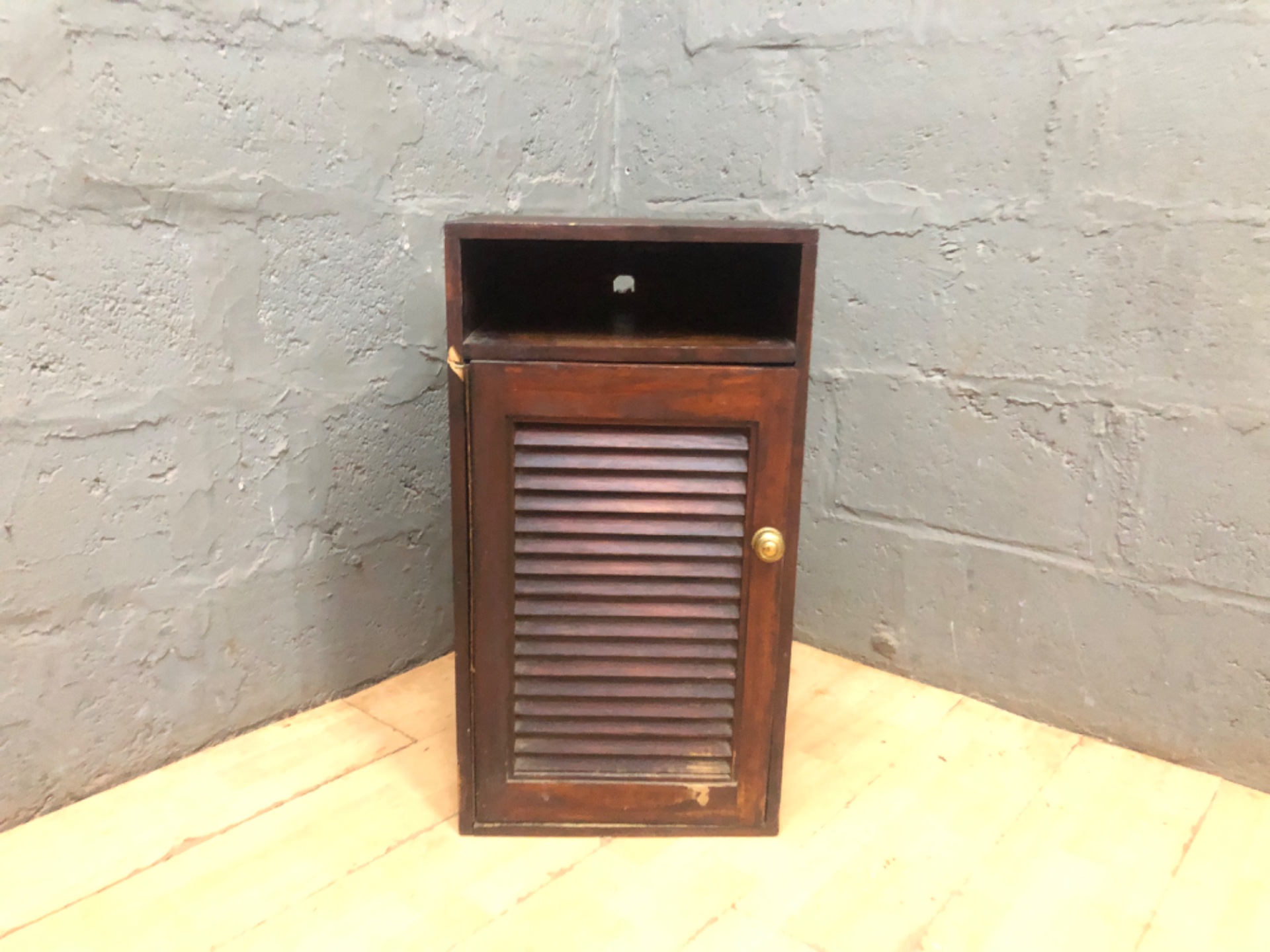 Small Louvered Wooden Bedside Cabinet / Cupboard — Compact, Needs Repair