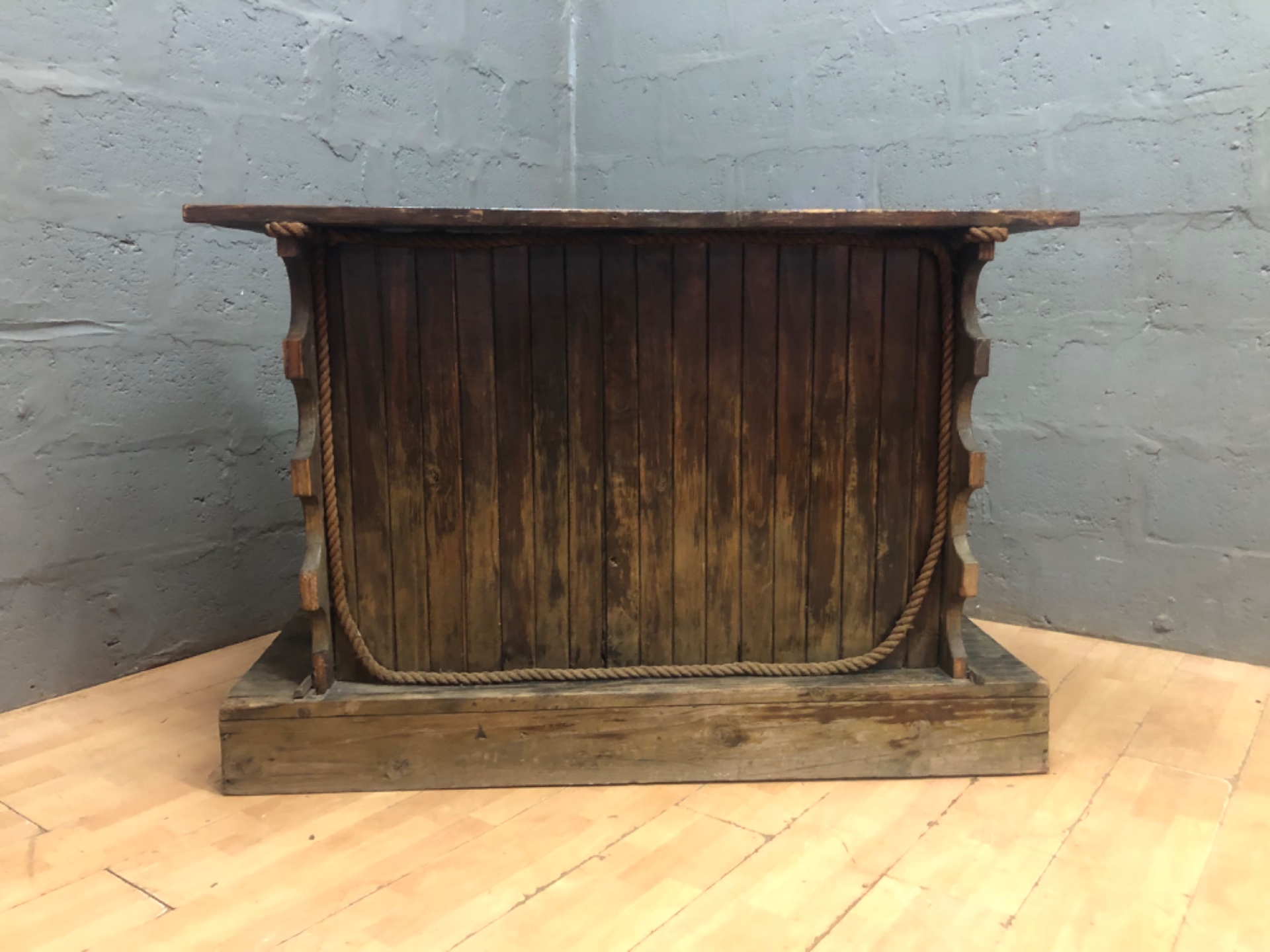 Weathered Solid-Wood Counter / Small Bar / Console with Rope Trim and Internal Shelves
