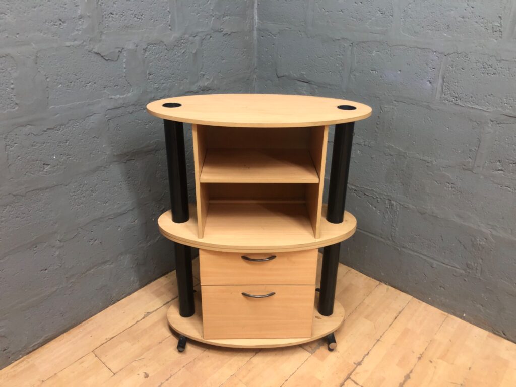 Compact light-wood corner shelving unit with two drawers and open shelves