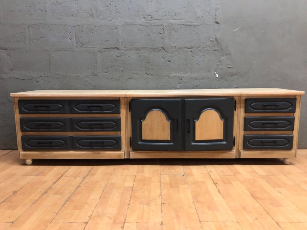 Long low sideboard / buffet — two-tone drawer fronts, central double-door cupboard, large storage