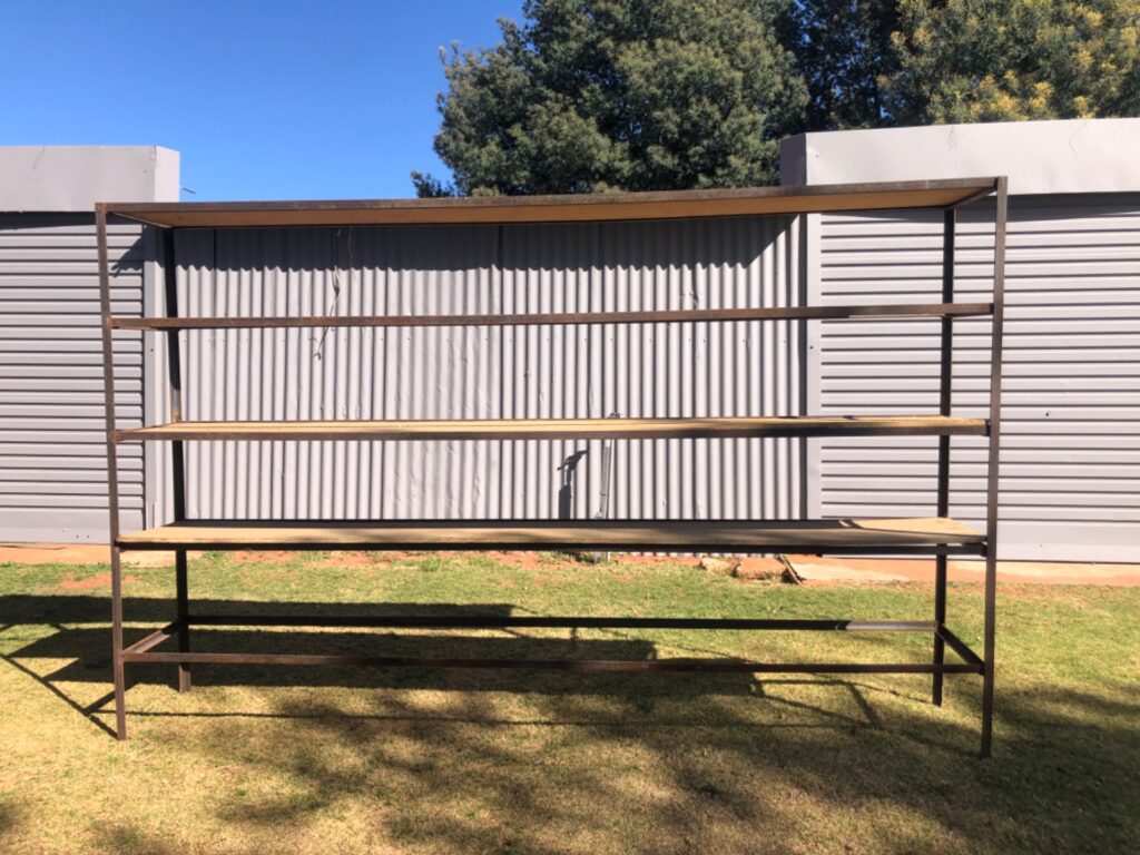 Large Industrial Metal Storage Shelving Unit — 5 Shelves (one board missing), Rusted Frame