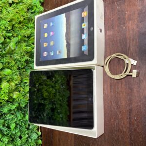 Apple iPad (original-style) with box — 30‑pin cable visible, screen untested, box worn