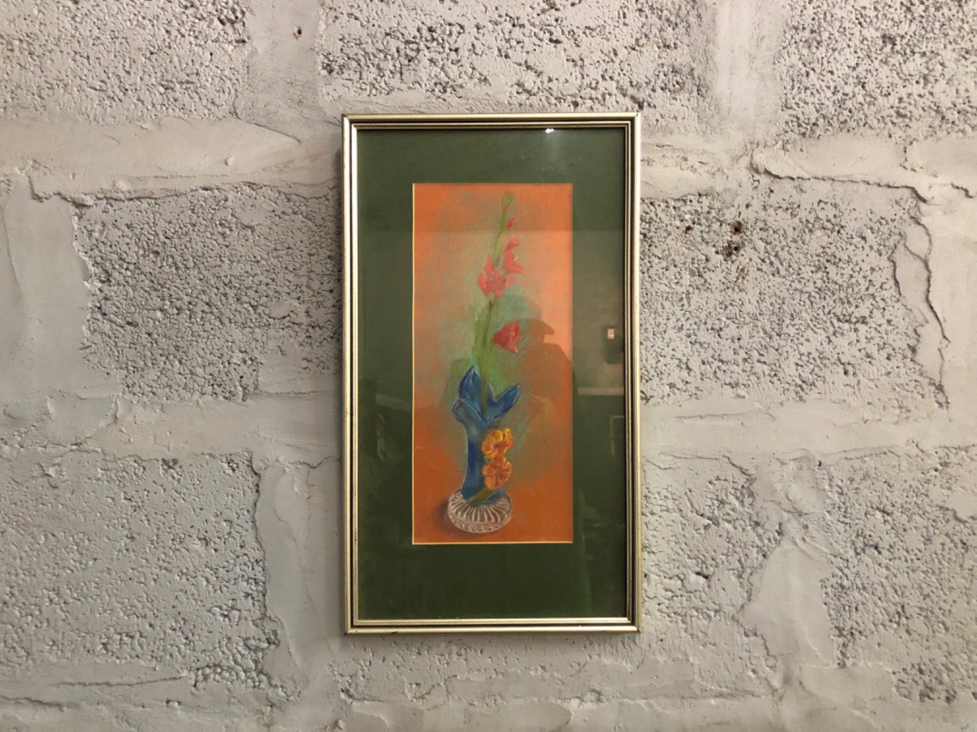 Framed floral pastel — tall narrow silver-toned frame with green mat (28 × 49 cm)