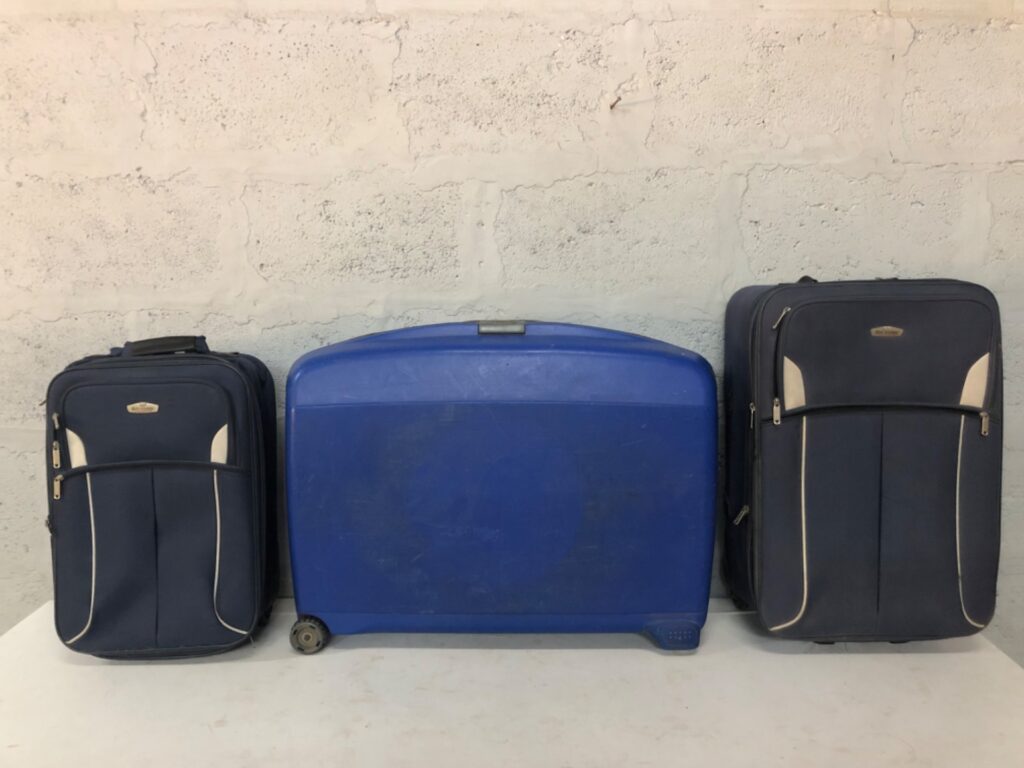 Lot: Set of 3 blue suitcases — 1 hard-shell + 2 Bon Voyage soft cases (used, sold together)