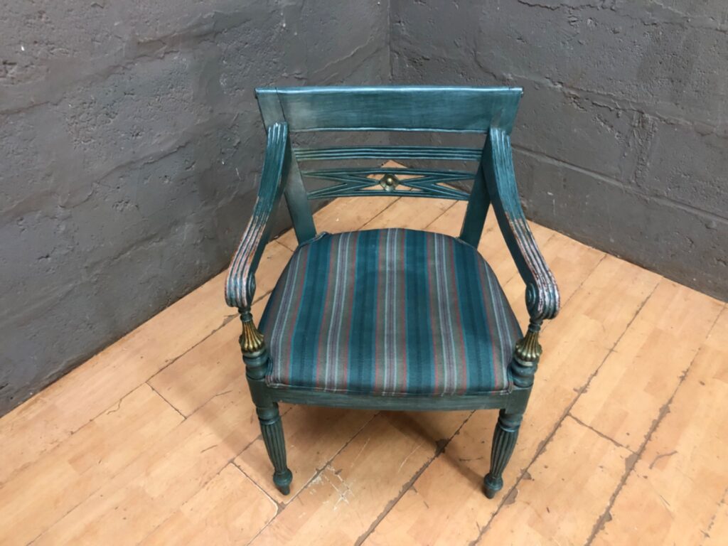 Painted Wooden Upholstered Armchair — Distressed Teal Finish, Turned Legs & Brass-Accent Arms