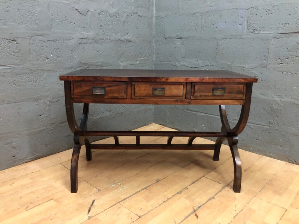 Wooden Console Desk / Side Table — 3 Drawers, Curved X-Legs & Lower Magazine Rack