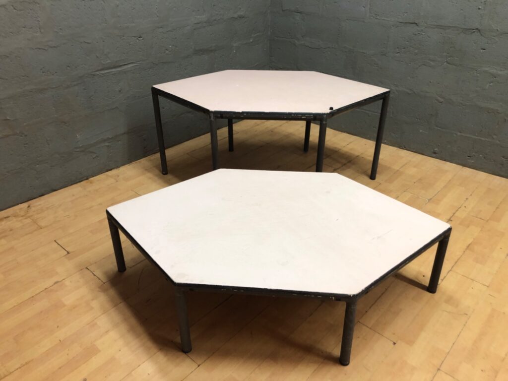Pair of Low Hexagonal Tables / Low Stage Platforms — White Tops, Tubular Metal Legs