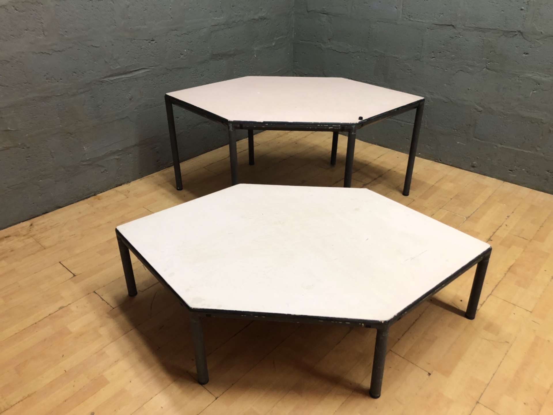 Pair of Low Hexagonal Tables / Low Stage Platforms — White Tops, Tubular Metal Legs