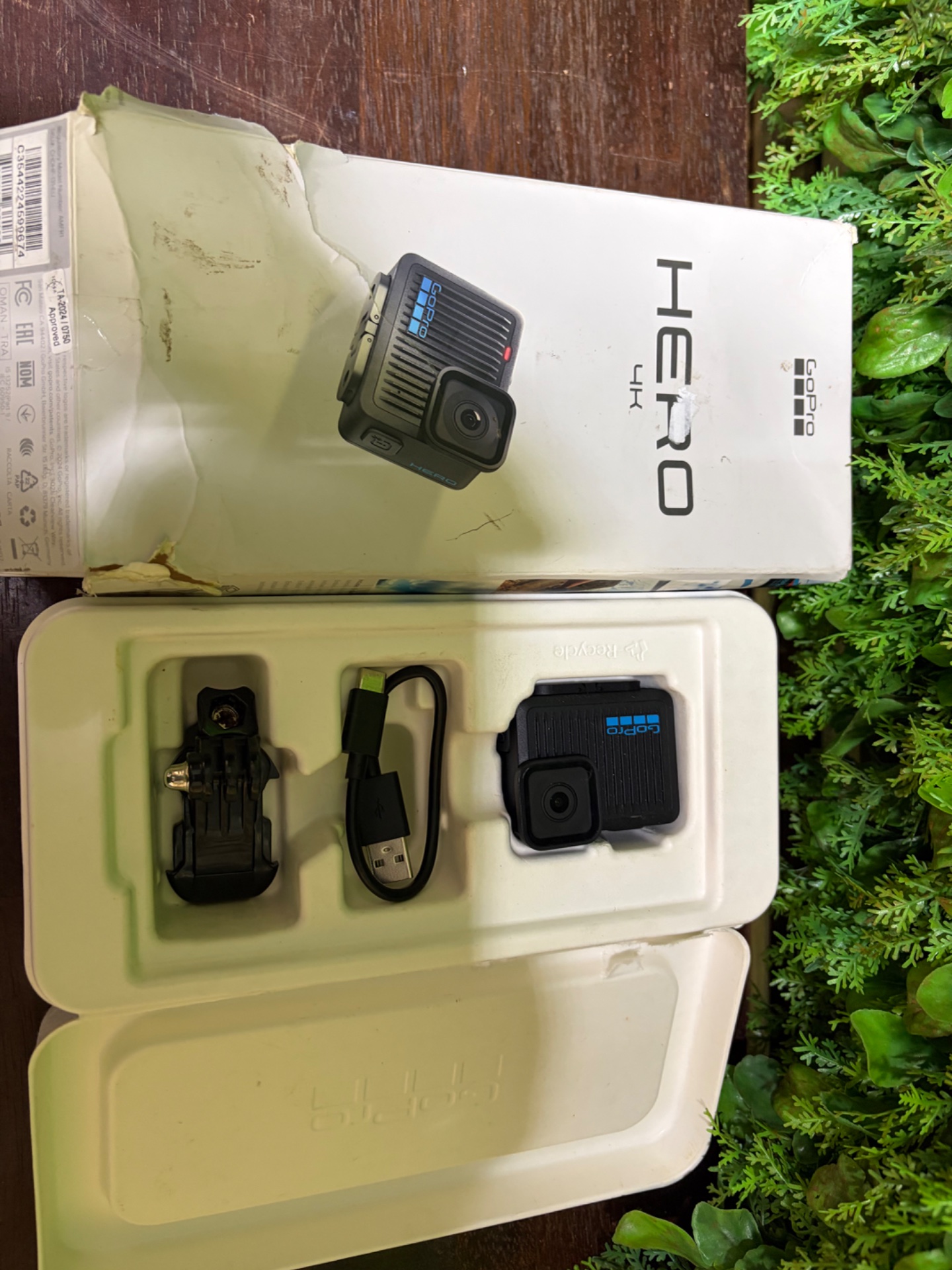 GoPro HERO (cube-style) action camera with USB cable & mounts — Untested, box damaged