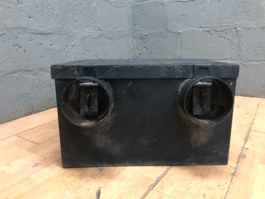 Vintage Metal Toolbox / Industrial Box with Two Circular Outlets — Hinged Lid, Rusted Patina