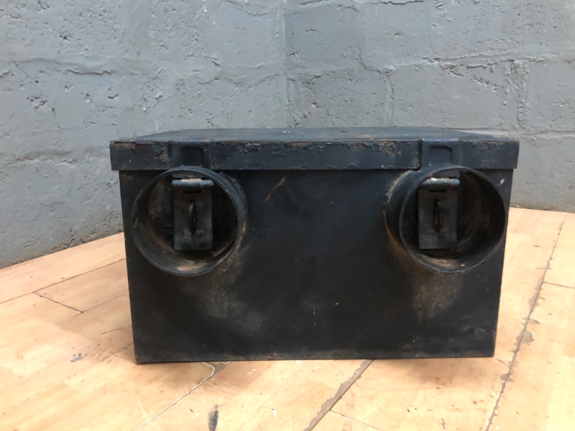 Vintage Metal Toolbox / Industrial Box with Two Circular Outlets — Hinged Lid, Rusted Patina
