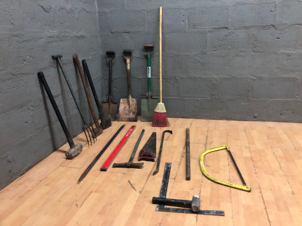 Lot of 16 Assorted Used Hand & Garden Tools – shovels, spades, pitchfork, sledge, saws + level