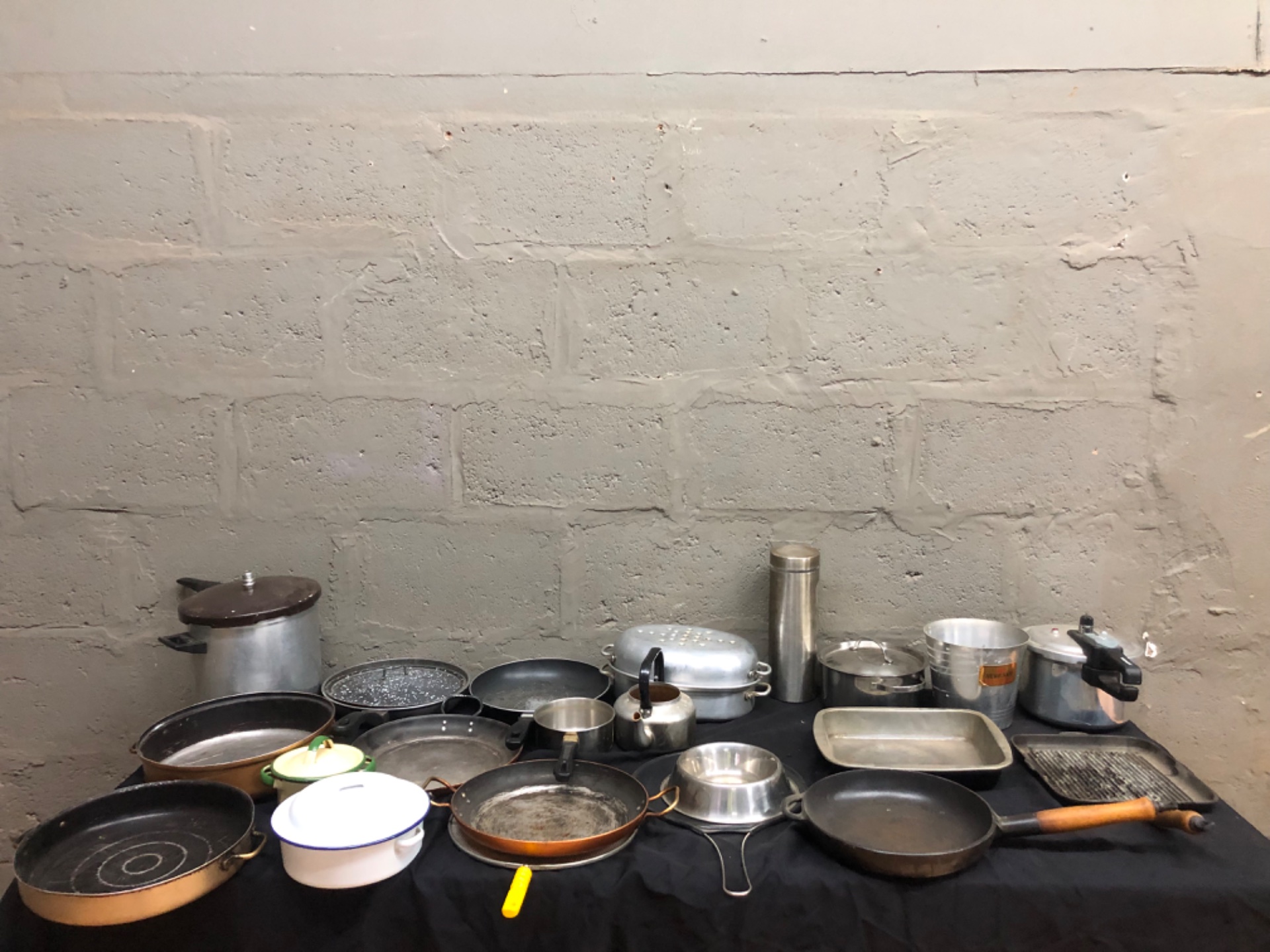 Lot of 18 Assorted Used Cookware — Frying Pans, Pots, Kettle, Stovetop Pressure Cooker & Roaster (Heavy Wear)