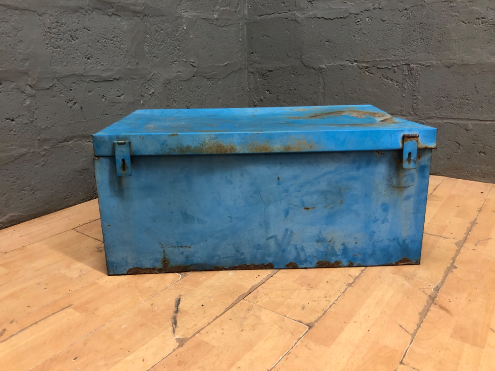 Large Blue Metal Toolbox / Storage Chest — Heavy Surface Rust, Dent to Lid