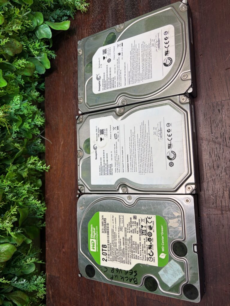 Lot of three 3.5″ desktop HDDs — Seagate Barracuda & WD Caviar Green 2.0TB (used, worked last time / untested)