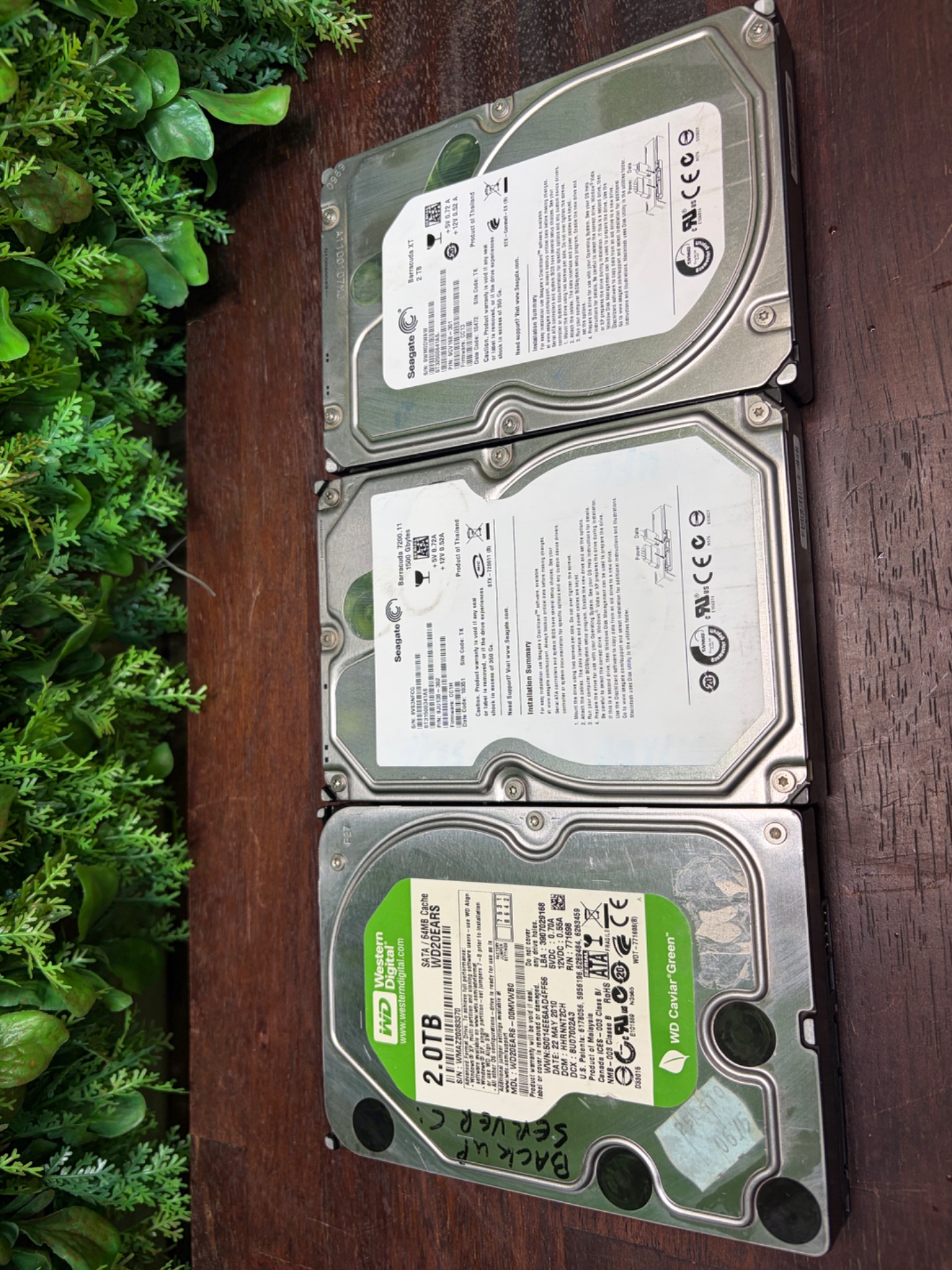 Lot of three 3.5″ desktop HDDs — Seagate Barracuda & WD Caviar Green 2.0TB (used, worked last time / untested)
