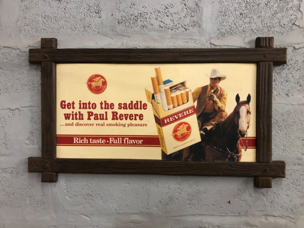 Vintage Paul Revere cigarette advertising poster in decorative pegged wood frame — 115 x 65 x 3 cm