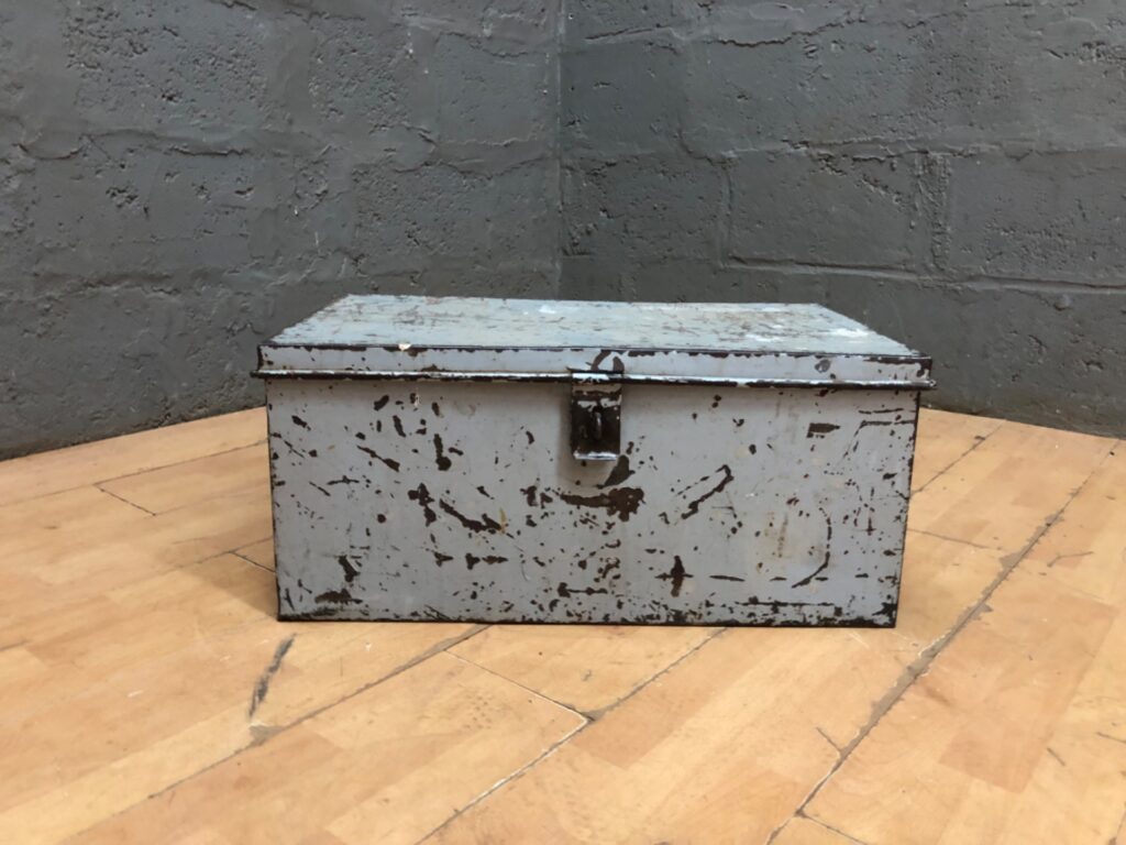 Paint-chipped Metal Toolbox / Storage Box — Hinged Lid, Padlock Loop, 69 x 44 x 32 cm