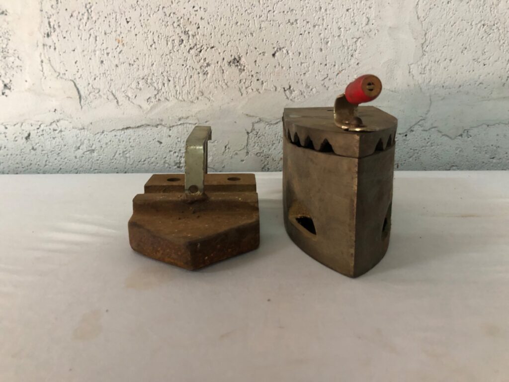Pair of vintage charcoal/coal irons — Shing Hop Foundry No.20 box iron with removable grate + separate heavy sole/base